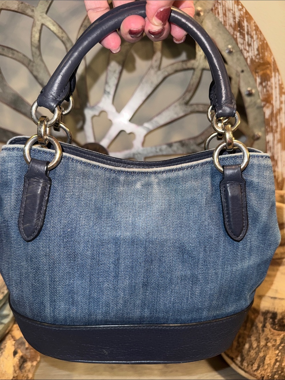 Coach Denim & Navy Satchel with Gold Charm and Crossbody Strap - Picture 2 of 5
